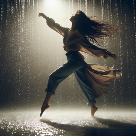 modern style dancer posing on studio background with lights and water drops.の素材