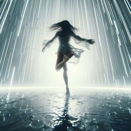 Young woman dancer jumping in water with rain and light rays on backgroundの素材