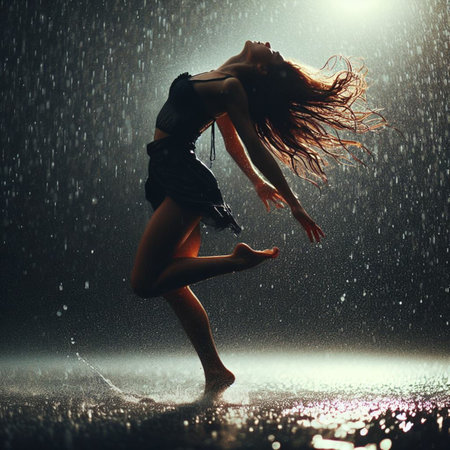 Young beautiful dancer is dancing in the rain on a dark background.の素材
