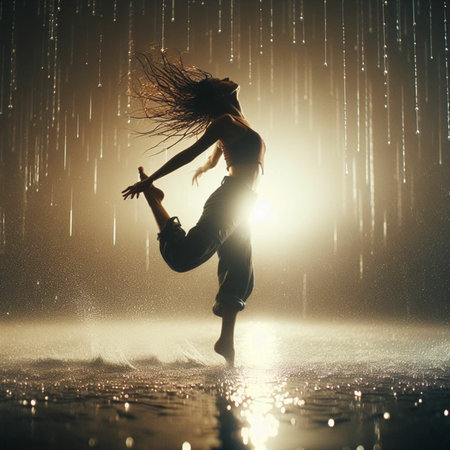 Young woman dancing in rain on a dark background. Copy space.の素材