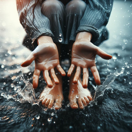 Close up of female hands in water splashes on dark background.の素材
