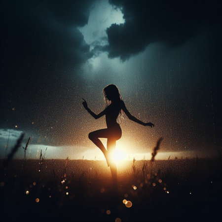 Silhouette of young woman running through the rain at sunset.の素材