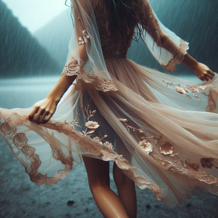 Beautiful young woman with long hair in a transparent dress in the rainの素材