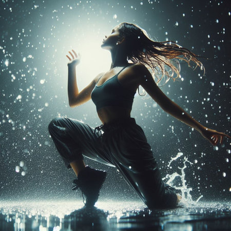 Young beautiful dancer posing on studio background with water drops and lights.の素材