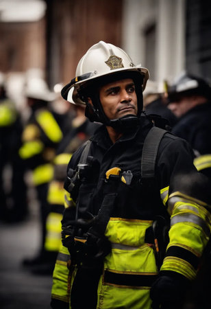 Firefighter in action during a training session at a fire station.の素材