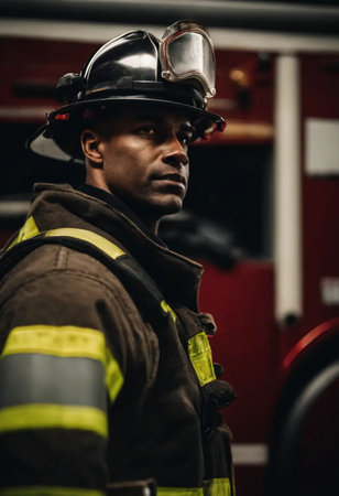 Portrait of a firefighter standing in front of a fire engine.の素材