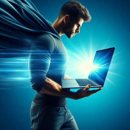 Image of young man holding laptop against blue background with rays of lightの素材