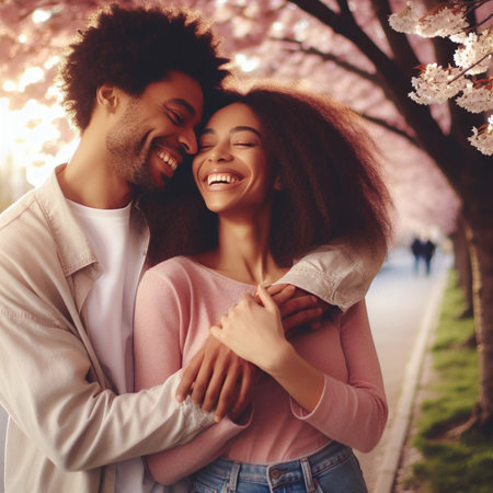 Couple in love. Beautiful young multiethnic couple embracing and smiling while standing near blooming tree outdoorsの素材