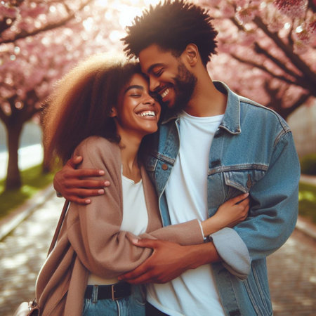 Happy african american couple embracing each other in spring park.の素材