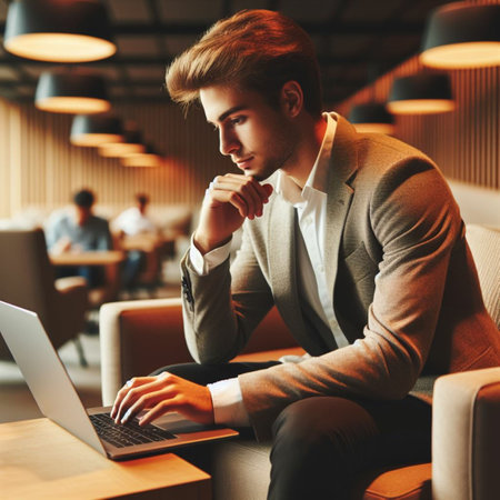 Handsome young businessman using laptop while sitting in cafe. Business conceptの素材