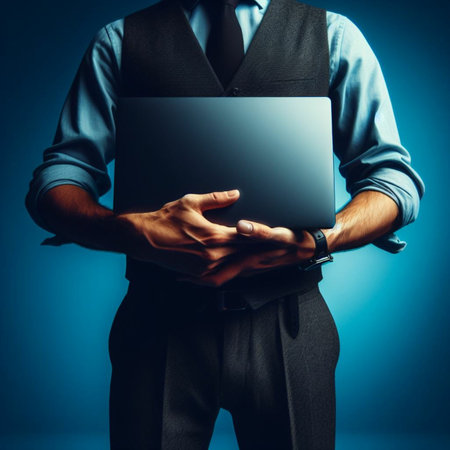 businessman holding a laptop in his hands on a blue background.の素材