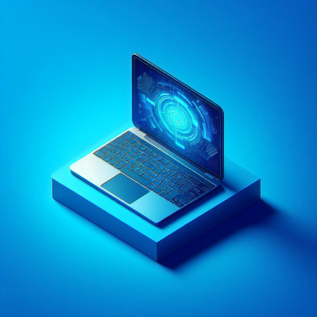 Laptop with fingerprint scanner on blue background. 3d illustration.の素材