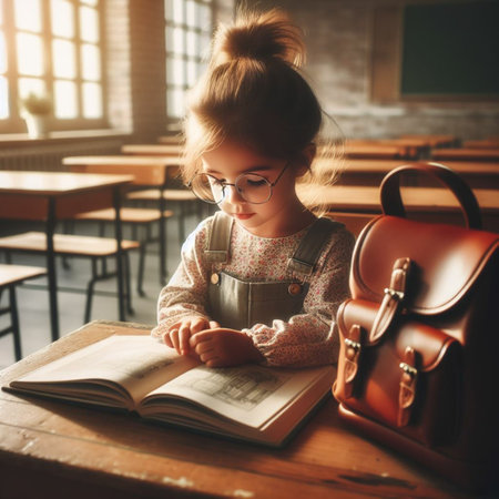 Cute little girl reading a book in the classroom. Education conceptの素材