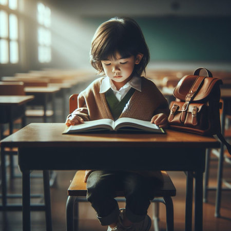 Cute little girl reading a book while sitting at the school deskの素材