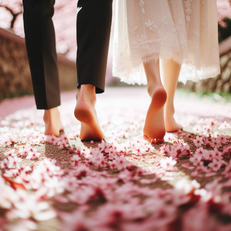 bride and groom on the background of cherry blossoms in springの素材