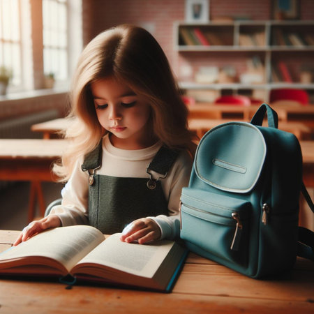 Adorable little schoolgirl sitting at the desk and reading a bookの素材