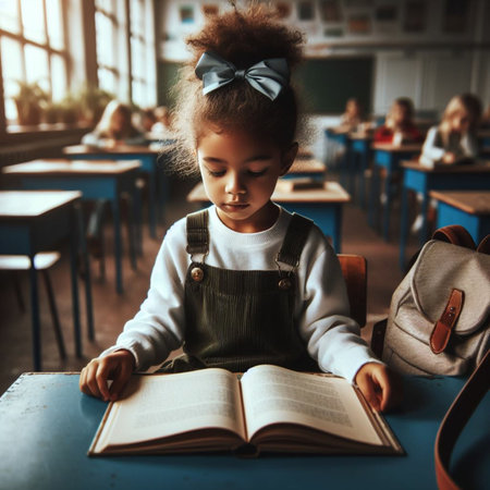 Cute little girl reading a book while sitting in a classroom at schoolの素材