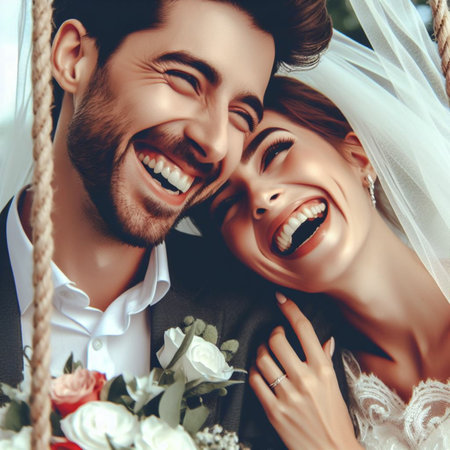 Wedding couple in love, bride and groom on the swingの素材