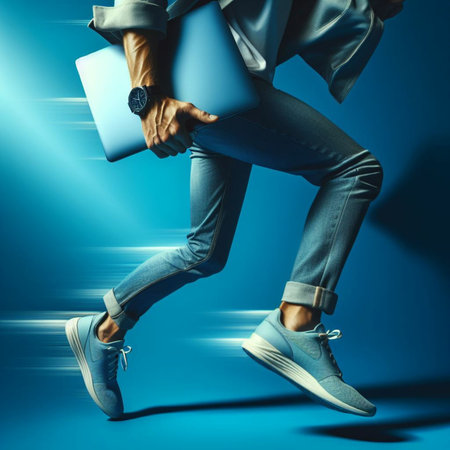 Fashionable young woman with a laptop in her hands. Blue background.の素材