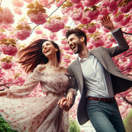 Young happy couple in love standing on the background of blooming cherry trees.の素材
