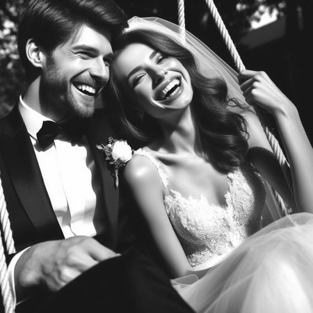 Happy bride and groom on swing. Black and white photo. Beautiful wedding coupleの素材
