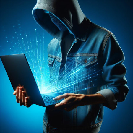 Close up of hacker holding laptop with glowing network interface on blue backgroundの素材
