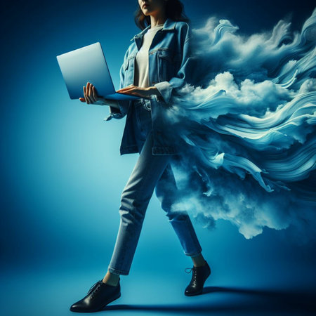 Full length portrait of a beautiful brunette woman in jeans and jacket holding a laptop while standing against blue backgroundの素材