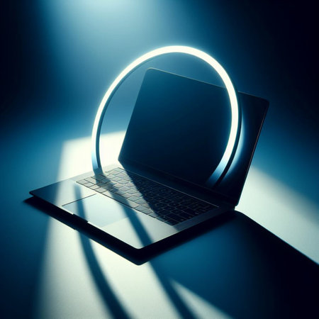 Laptop with luminous circle on the screen. 3d renderingの素材