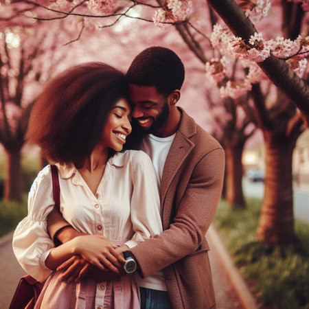 Beautiful african-american couple in love hugging and kissing on the background of blooming sakura treesの素材