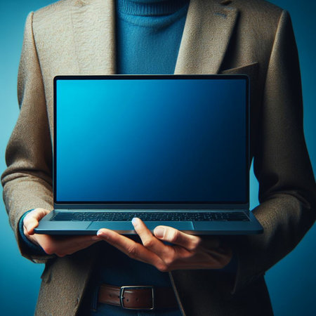Close up of businesswoman hands holding laptop computer with blank blue screen.の素材