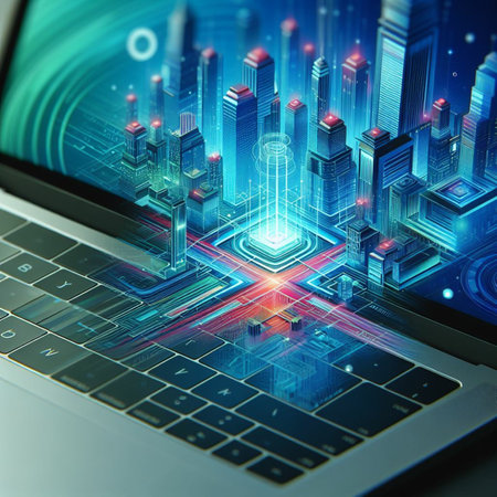 Laptop with futuristic city on the screen. 3d illustration.の素材