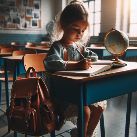 Cute little schoolgirl sitting at the desk in the classroom and writing in notebookの素材