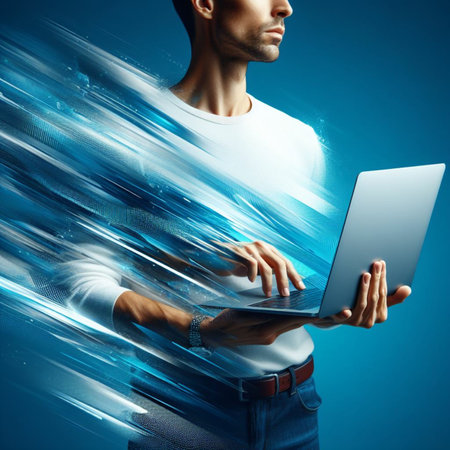 Image of young man using laptop against blue background. Digital composite.の素材
