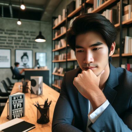 Portrait of young Asian businessman thinking and looking at the camera in office.の素材