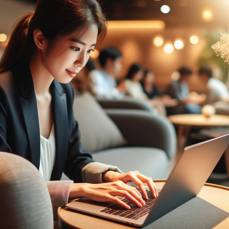 Beautiful asian businesswoman using laptop computer in coffee shop.