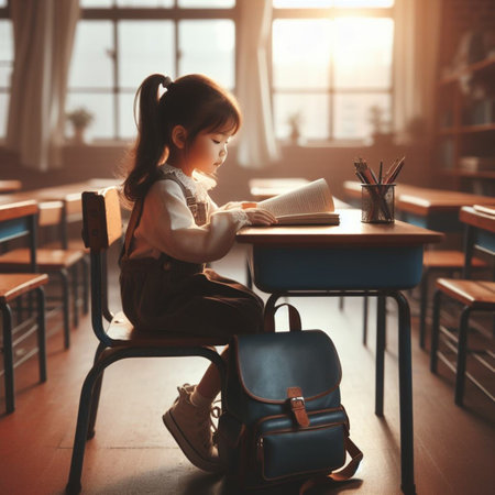 Back to school. Cute little girl sitting at the desk and reading a bookの素材