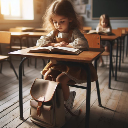 Cute little girl sitting at a school desk with a book and a backpackの素材