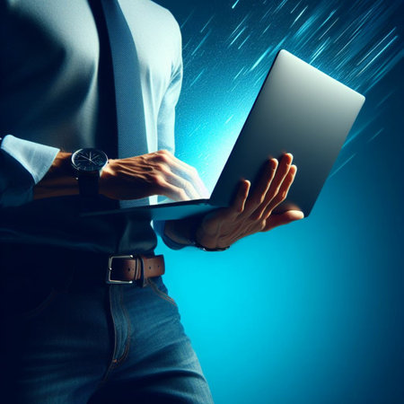 Businessman working on a laptop in the rain. Blue background.の素材