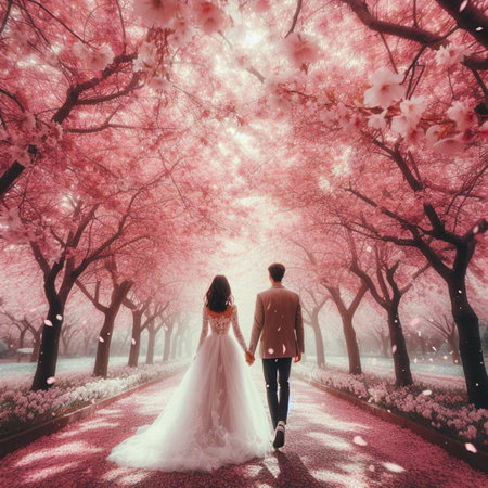 Wedding couple in love walking in blooming cherry garden.の素材