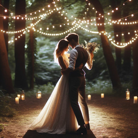 Wedding couple in the forest at night. bride and groomの素材