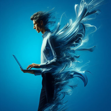 Young businesswoman with laptop and abstract blue cloud of smoke on blue backgroundの素材