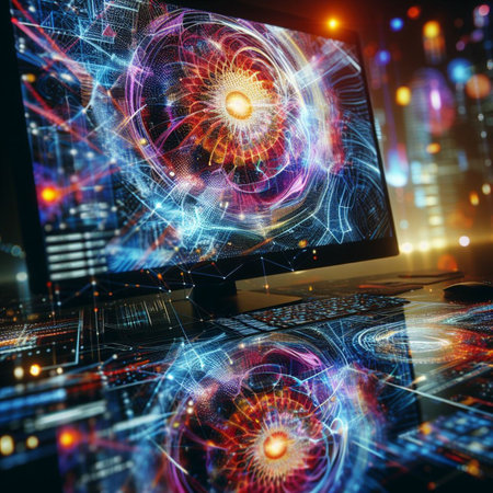 Computer screen with abstract technology background. 3d rendering toned image double exposureの素材