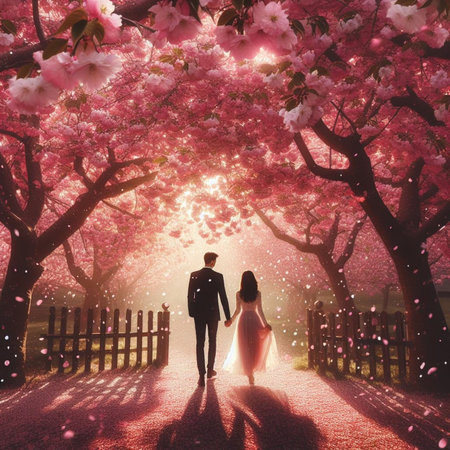 Bride and groom in the spring garden with cherry blossom trees.の素材