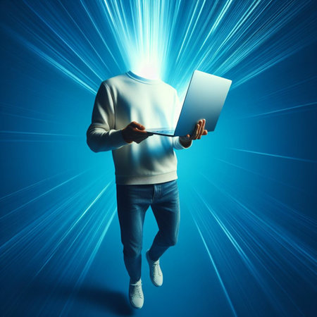 Man holding a laptop in front of his face on a blue backgroundの素材