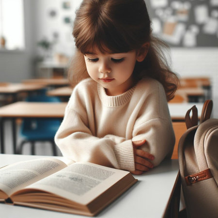 Cute little girl reading book at table in classroom. Education conceptの素材