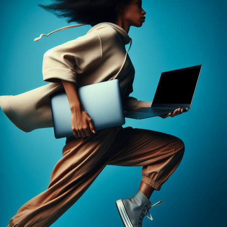 Fashion shot of a beautiful African American woman in stylish clothes posing with laptop.の素材