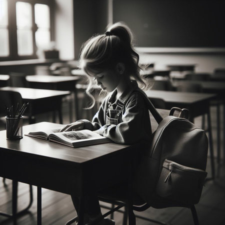 Cute little schoolgirl sitting at a desk and reading a bookの素材