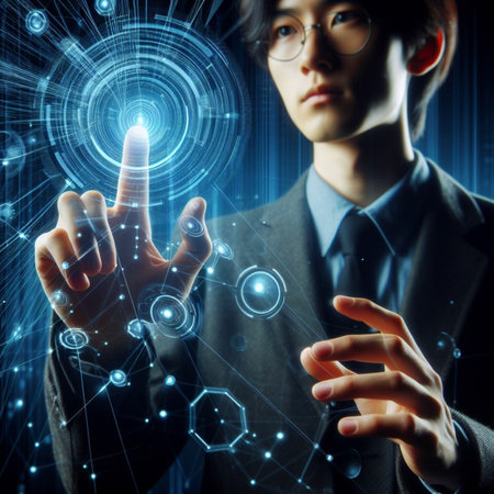 Businesswoman pressing high tech type of modern buttons on a virtual backgroundの素材