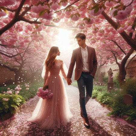 Beautiful young couple in love walking in a blooming spring gardenの素材