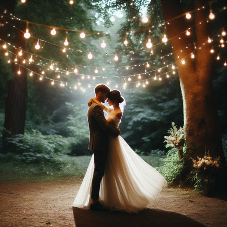 Wedding couple kissing and hugging in the forest at night.の素材